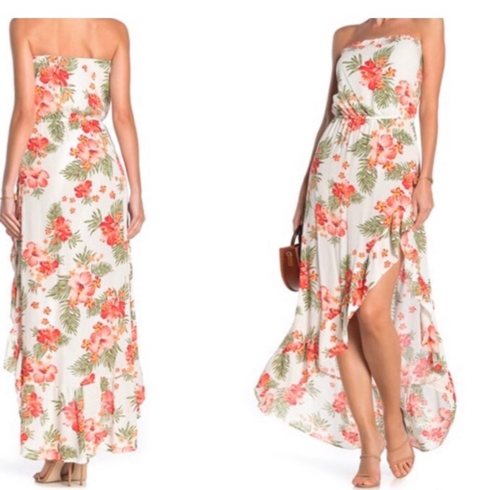 Strapless Floral Ruffle Hem Dress Summer Dress M